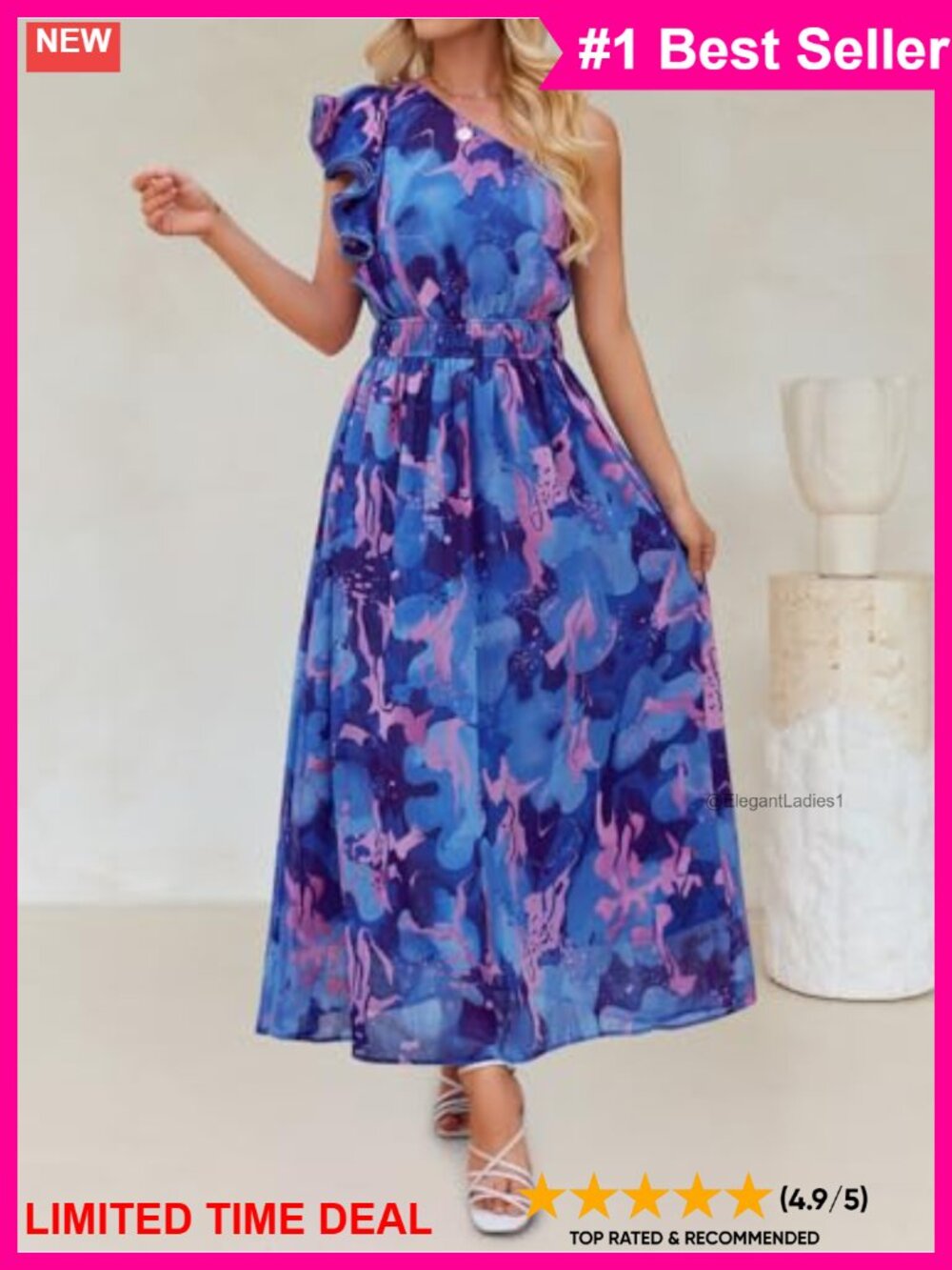 Women's Floral Sleeveless One Shoulder Ruffle Chiffon Maxi Dress Summer Beach - Picture 4 of 6
